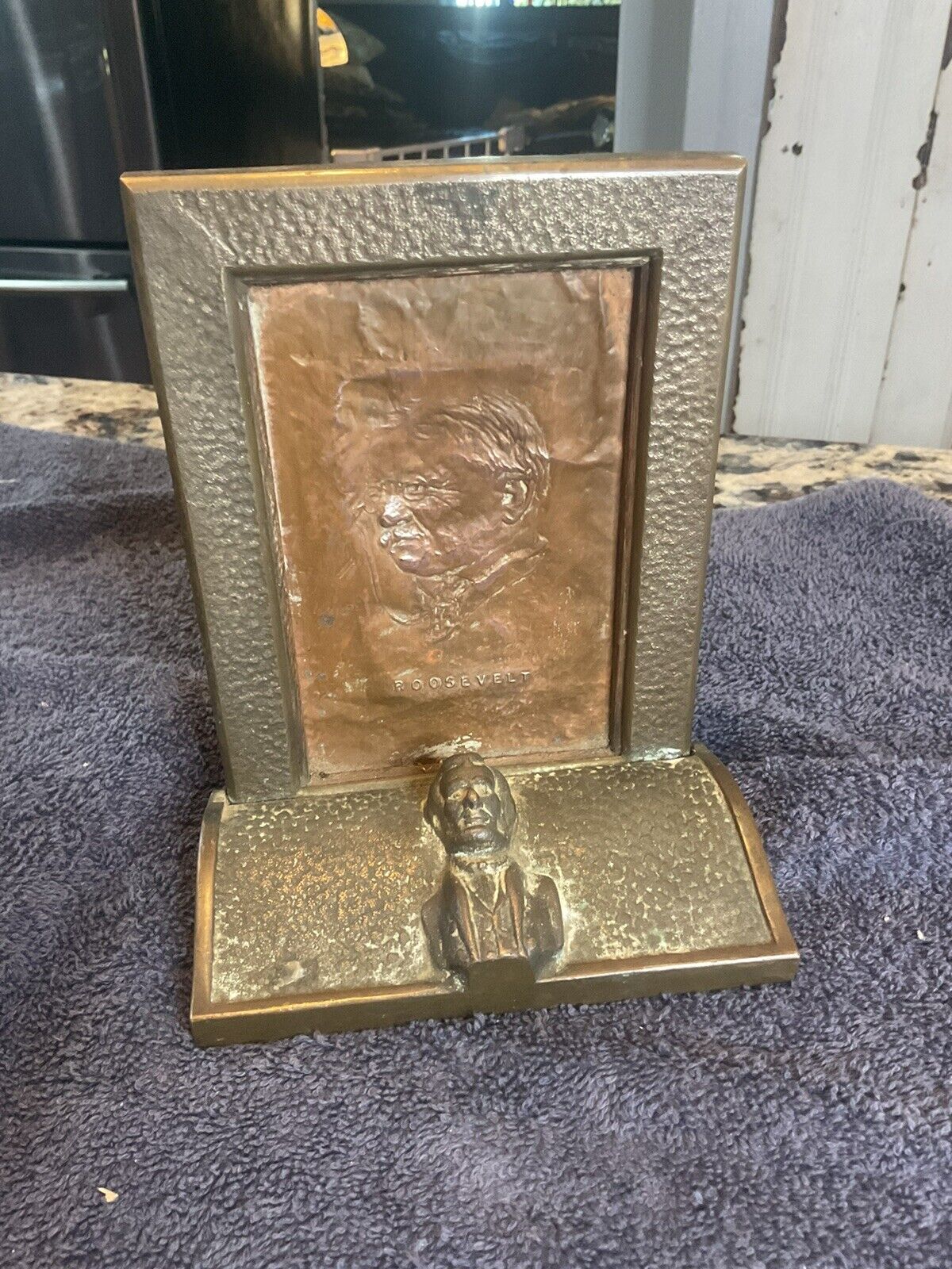 Antique Bronze Lincoln , Copper Roosevelt Statue Bookend Unusual