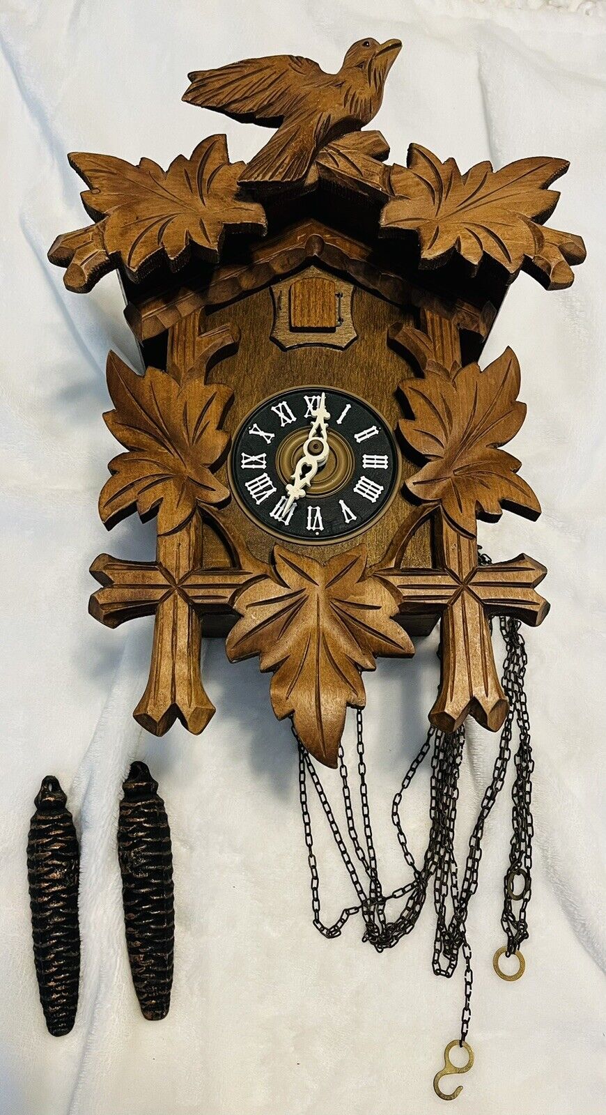 Antique German Black Forest Large Deeply Carved 2 Birds Cuckoo Clock