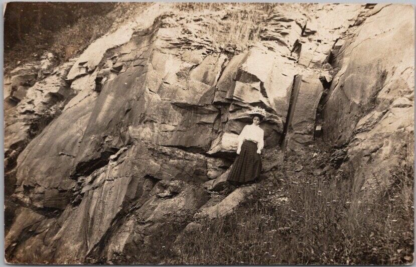 c1910s RPPC Photo Postcard Young Woman on Rocky Hillside \