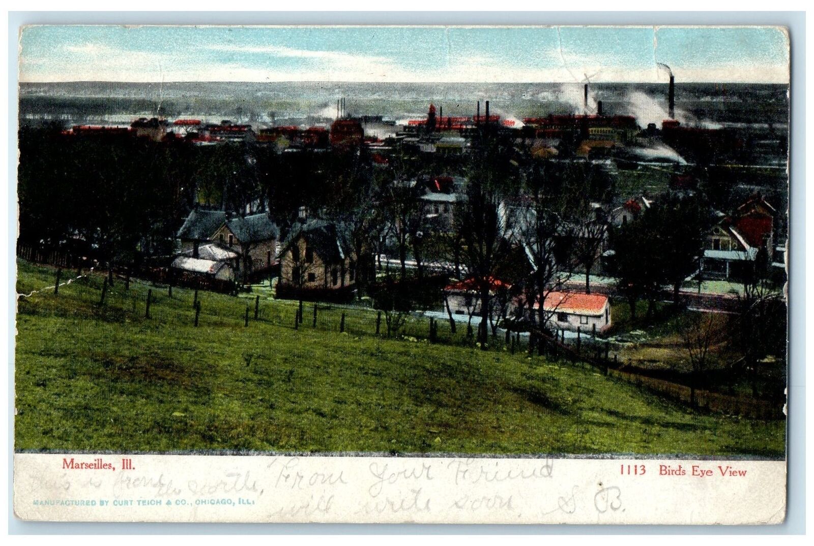 1906 Birds Eye View Town Buildings Road Marseilles Illinois IL Antique Postcard