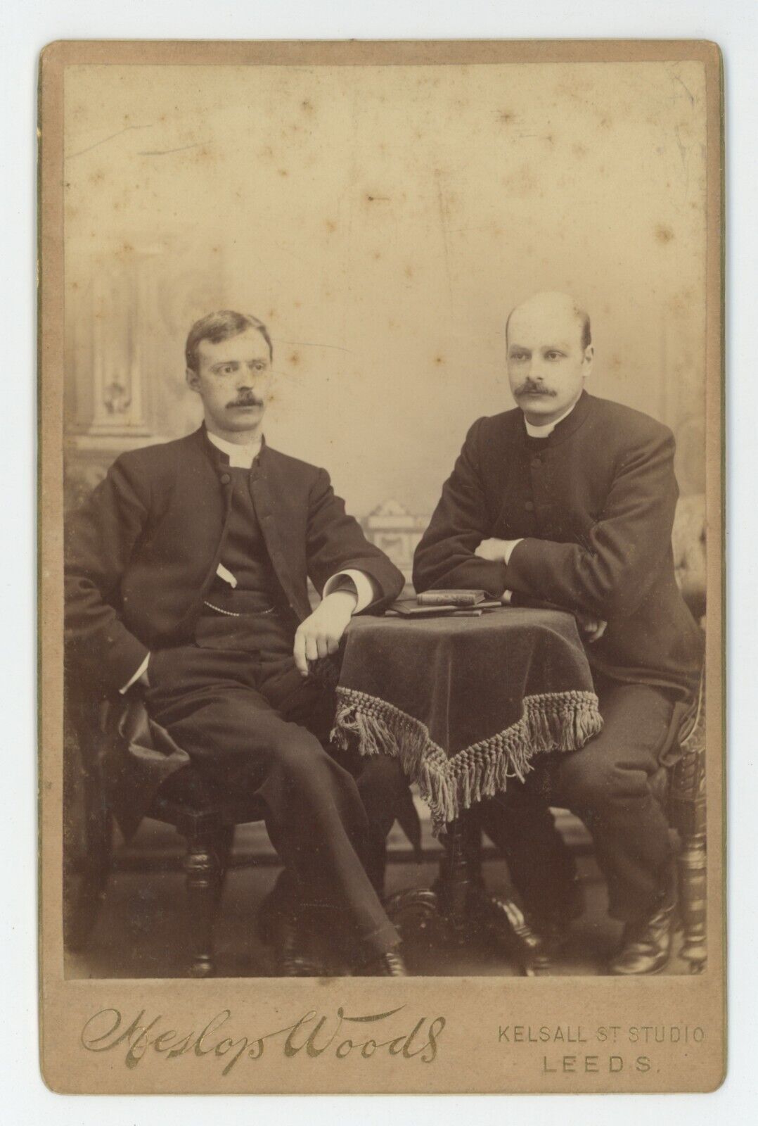 Antique c1880s RARE Cabinet Card Two Priests Mustaches Sitting At Table Leeds UK