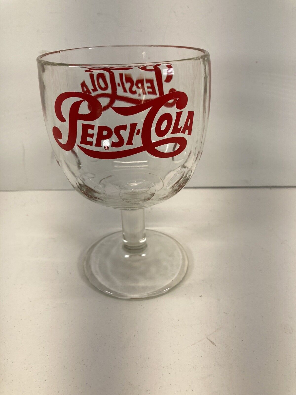 Vintage Red Classic Retro Logo PEPSI COLA Stem Soda Thumbprint Goblet Glass Cup