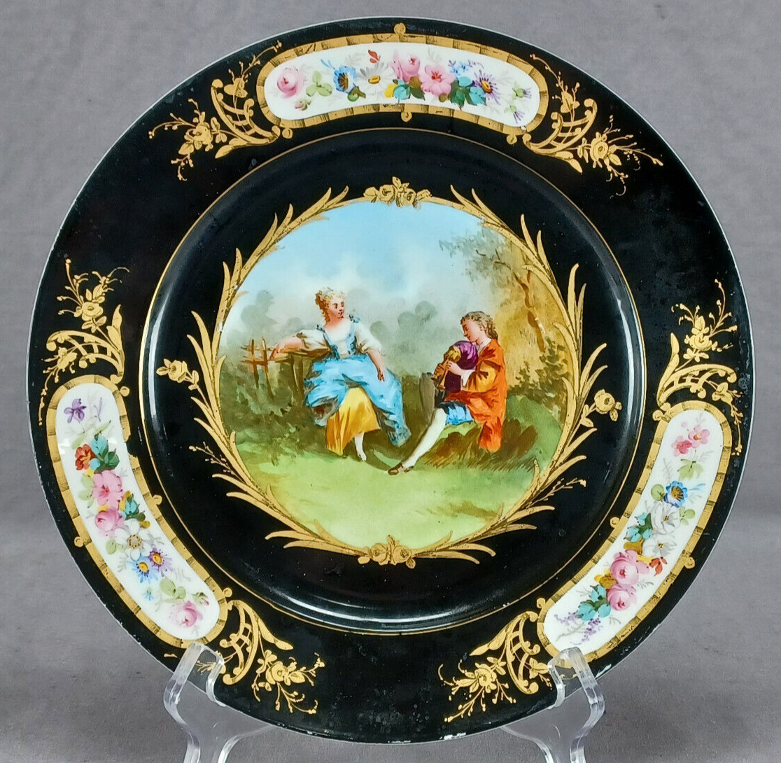 19th Century Sevres Hand Painted Watteau Scene Floral Black & Gold Plate