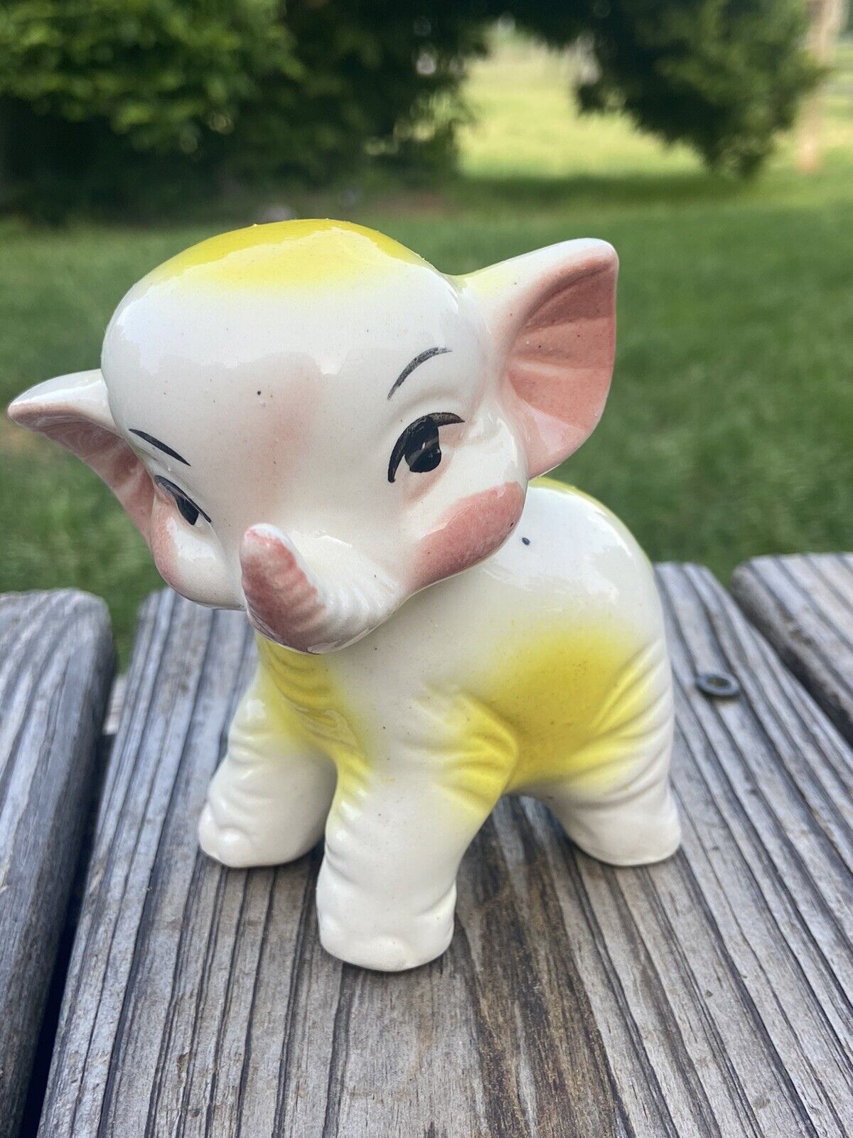 Vintage Ceramic Elephant Figurine Yellow & Pink Whimsical Anthropomorphic Kitsch