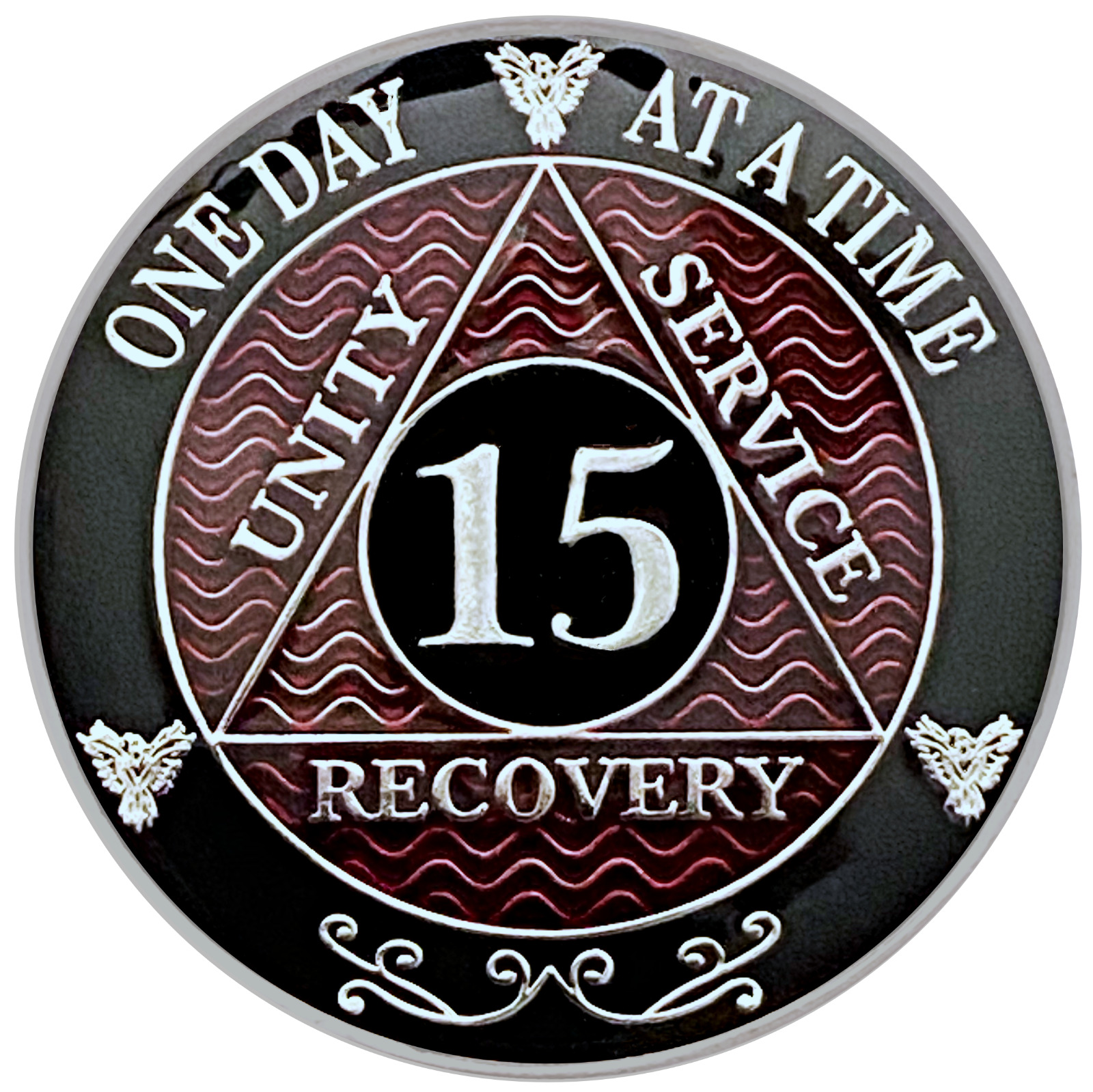 AA 15 Year Coin, Silver Color Plated Medallion, Alcoholics Anonymous Coin