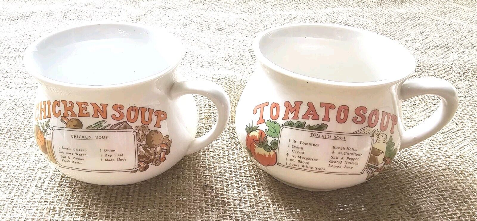 Vintage 1970s 2 Soup Recipe Mugs Chicken & Tomato Soup 16oz