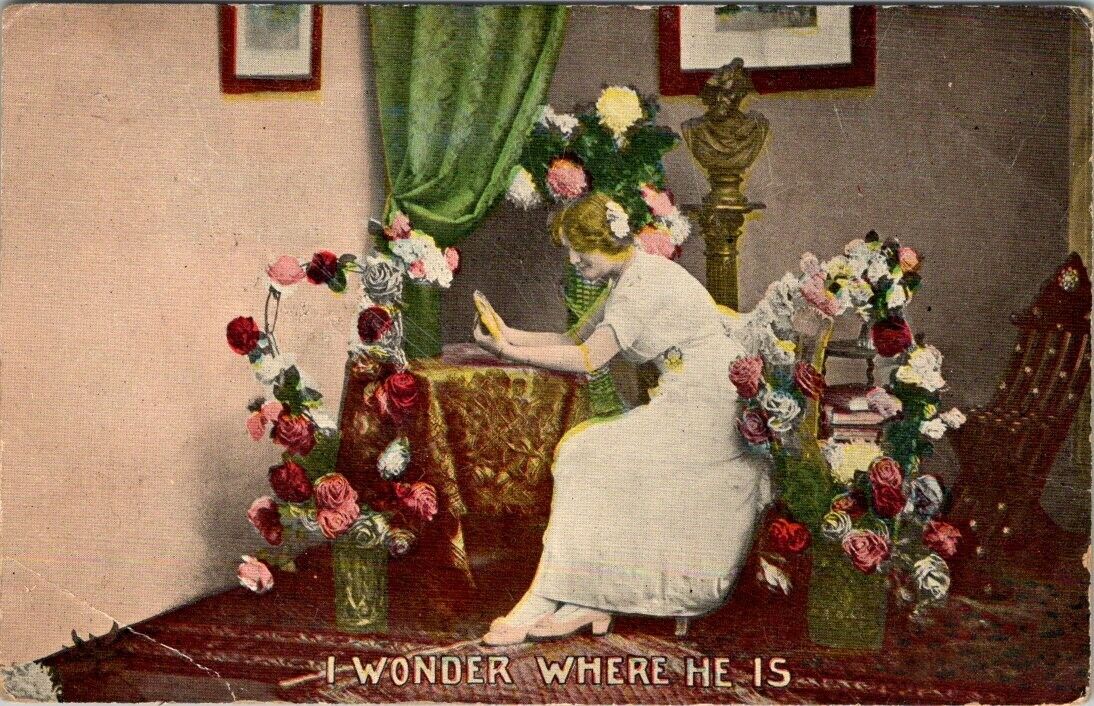 vintage postcard- I WONDER WHERE HE IS satirical romantic pc posted 1914