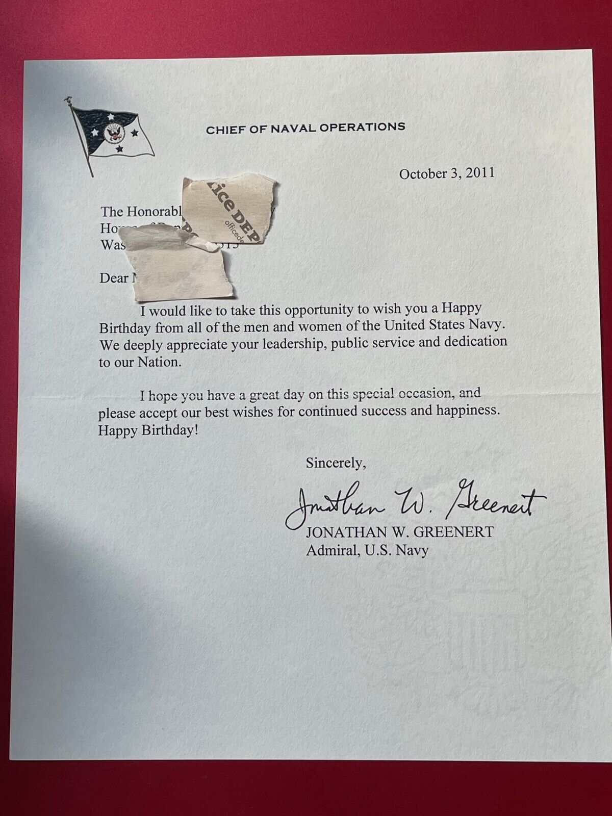Admiral Jonathan Greenert Signed Letter to Member House of Representatives /JG1