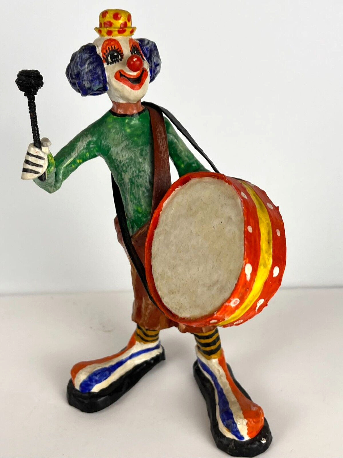 Vtg Handcrafted Paper Mache Colorful Clown Playing Drum Folk Art Mexico, Signed