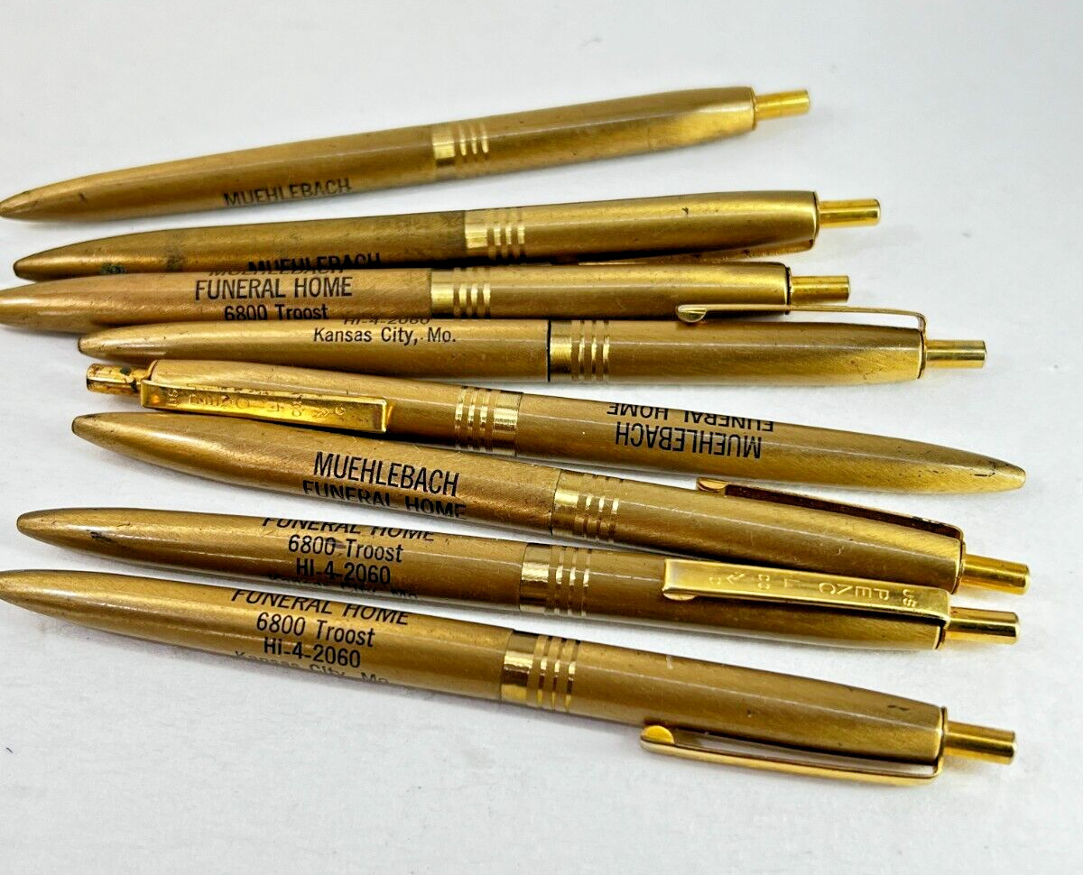 VTG US Pencil Co NYC Gold Tone Muehlebach Funeral Home KCMO Pens x 8