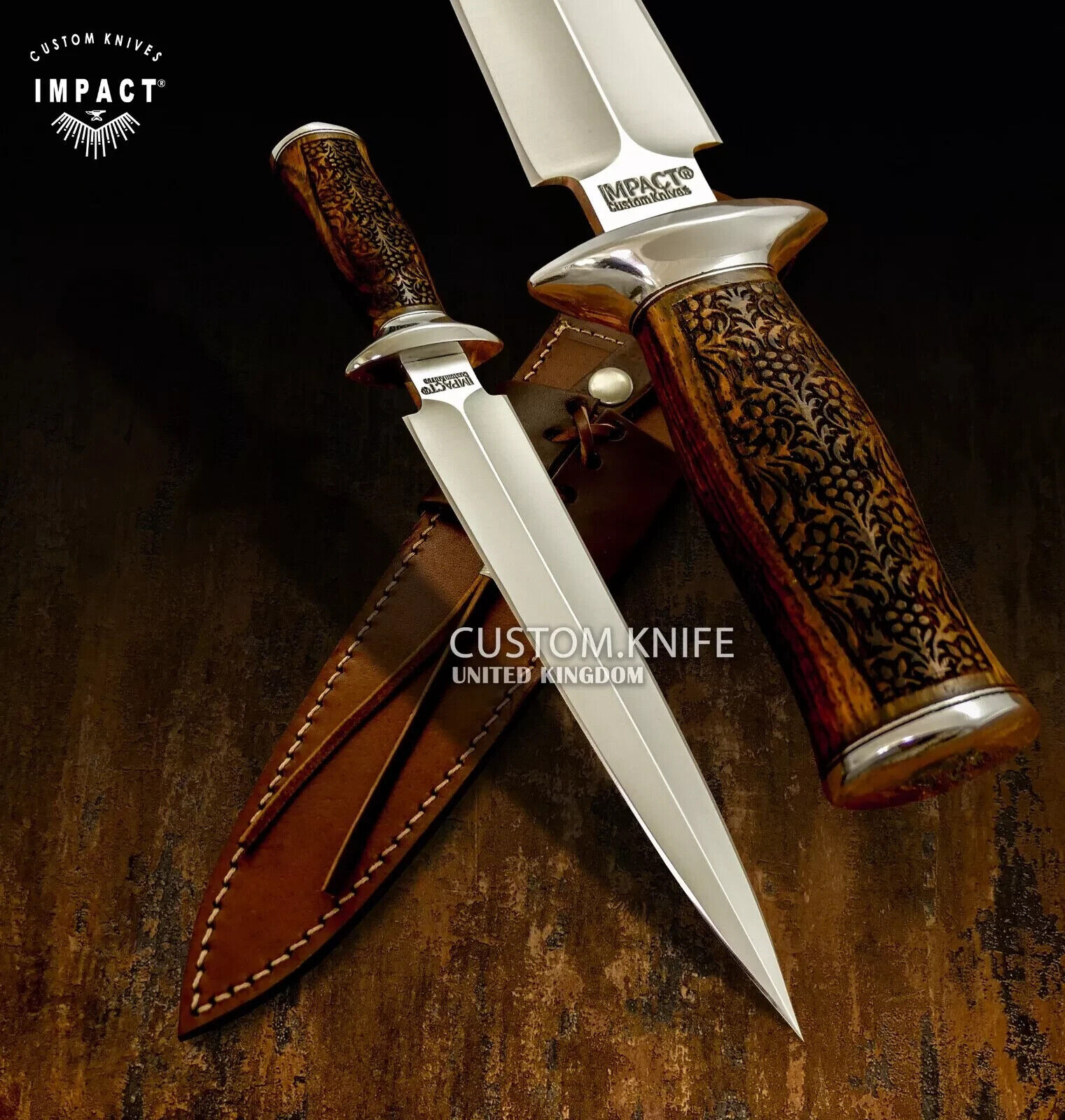 IMPACT CUTLERY CUSTOM DAGGER KNIFE ENGRAVED BURL WOOD HANDLE- 1632