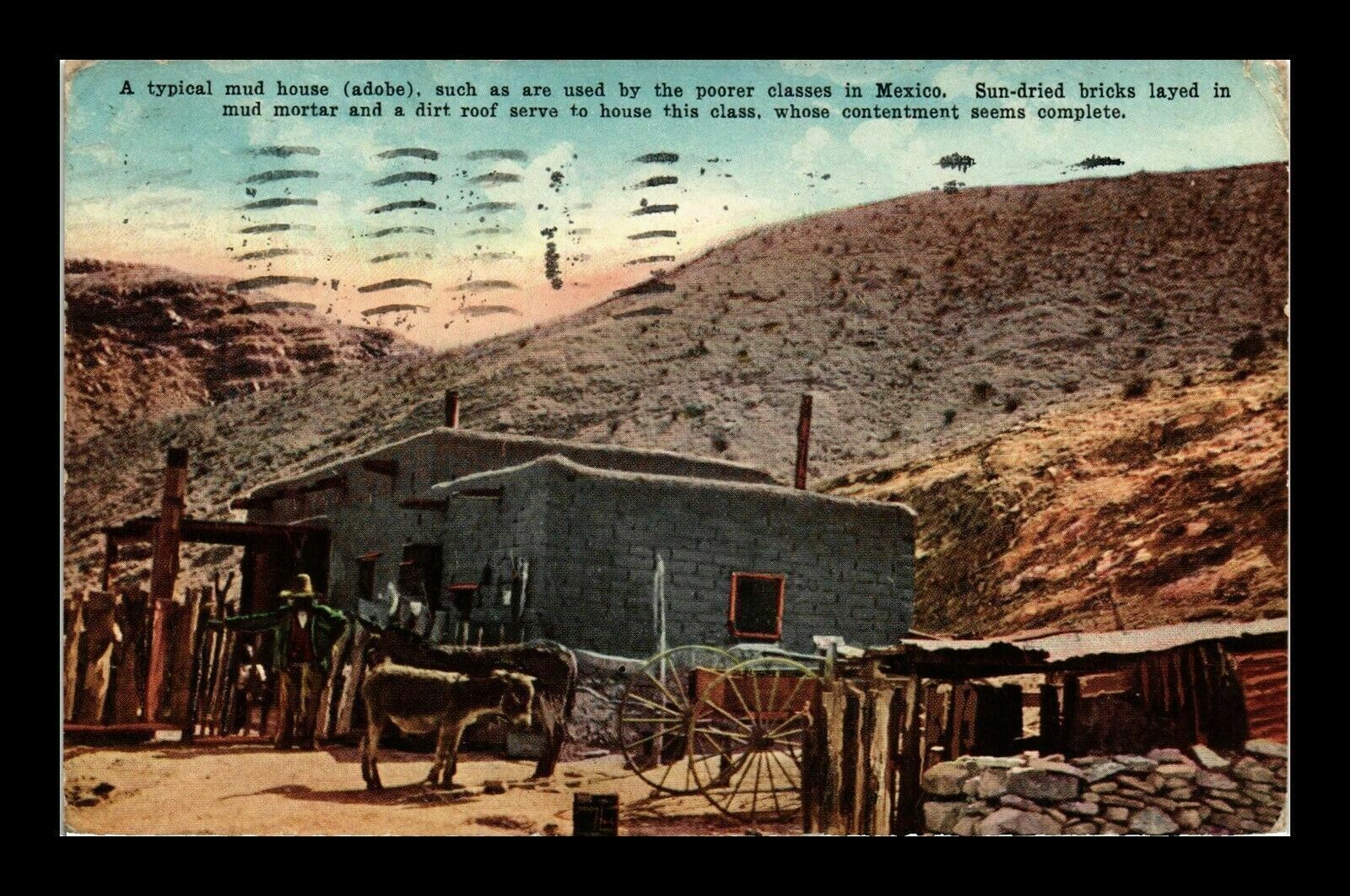 VINTAGE POSTCARD TYPICAL ADOBE MUD HOUSE BUILT WITH SUN-DRIED BRICKS TEXAS 1913