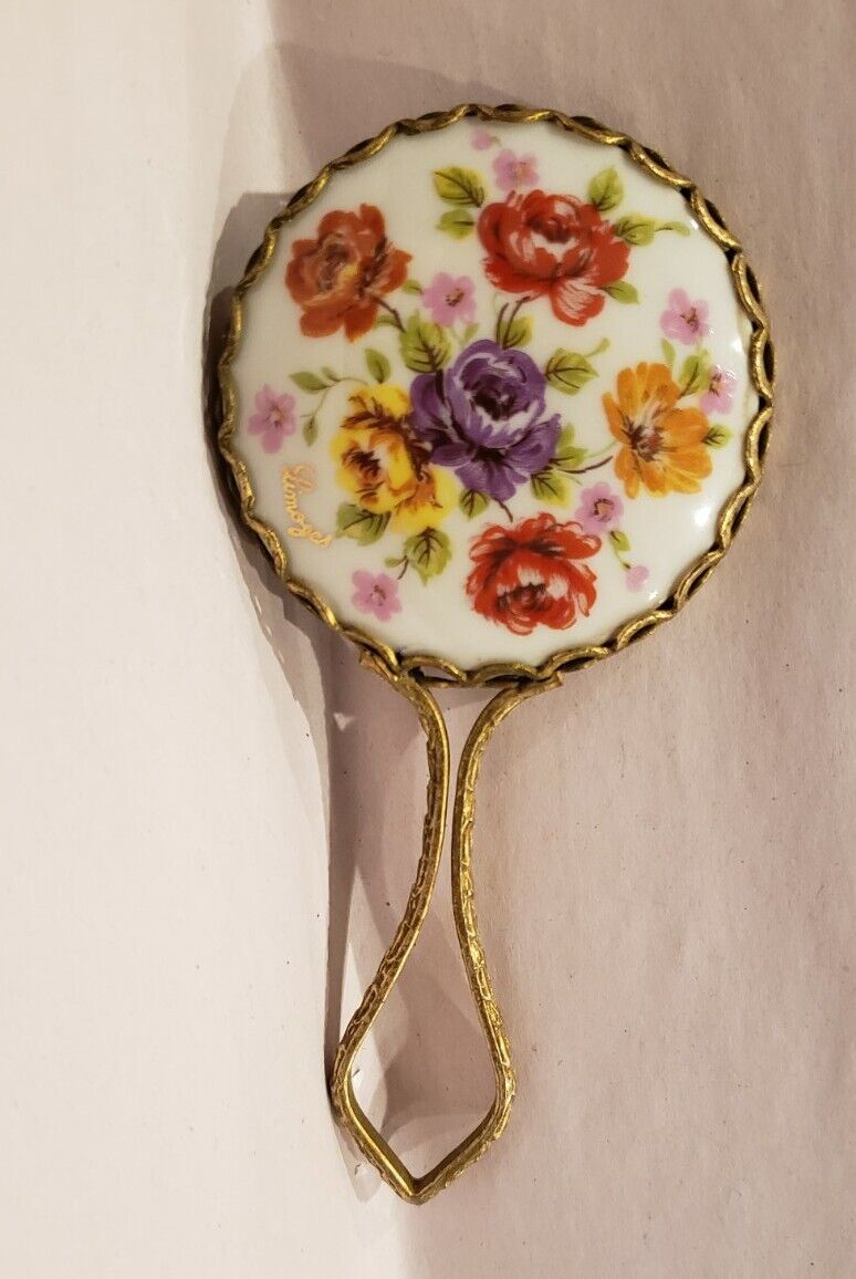 Vintage French Limoges Porcelain Hand Held Mirror Floral Signed Mini Small RARE
