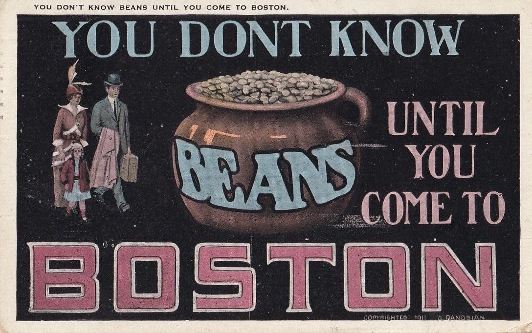 Humor \'You don\'t know Beans until you come to Boston\'. Couple Pot, Posted 1924