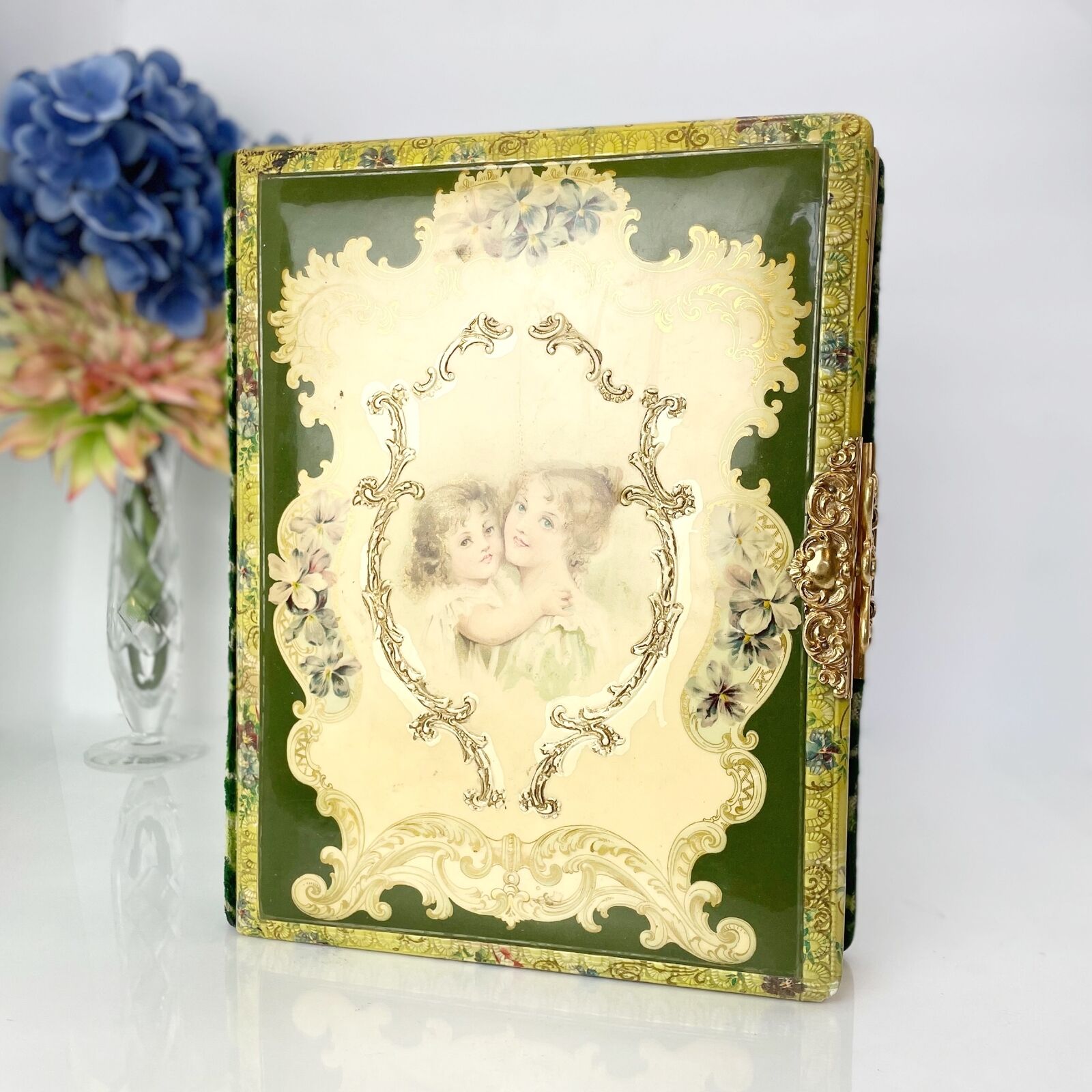 Antique Cabinet Card Photo Album | Celluloid Portrait Cover Board w/ Velvet Back