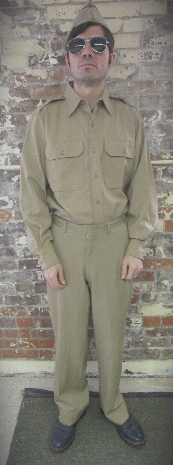 Vtg US Military Uniform 1940's Shirt, Pants, Hat WW2 Tan Tropical Wool 15.5 x 30