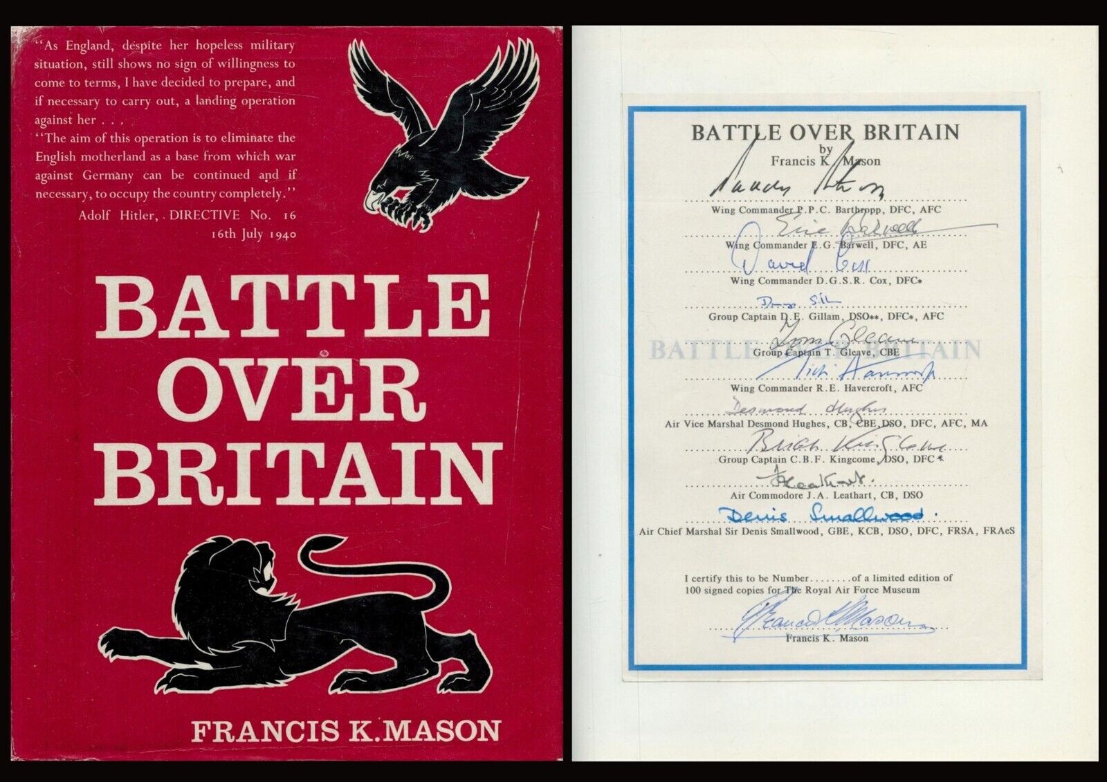 Rare WW2 RAF BOB multiple signed vintage book Battle Over Britain By F. Mason.