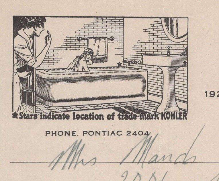 RARE 1924 KOHLER Bath Plumbing Heating Billhead Invoice Tub Sink Vtg Illust.