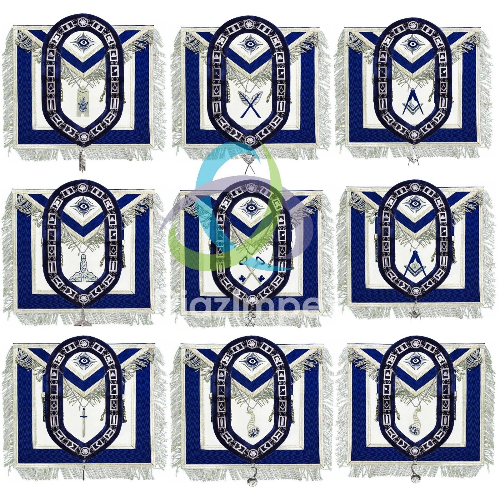 Masonic Blue Loge officer  HAND MADE Apron, Chain Collar Jewels Silver Pack of 9