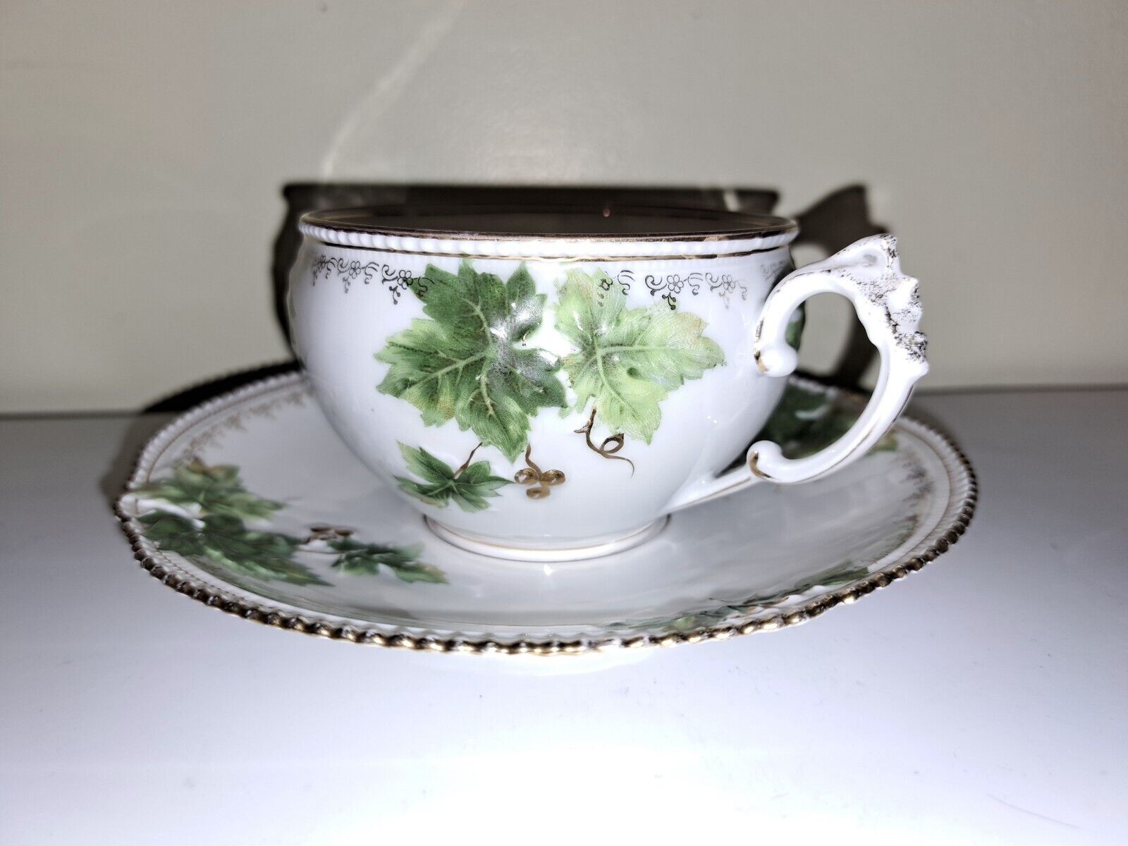 Antique RS Prussia Teacup Green Ivy and Gold Vines And Trim