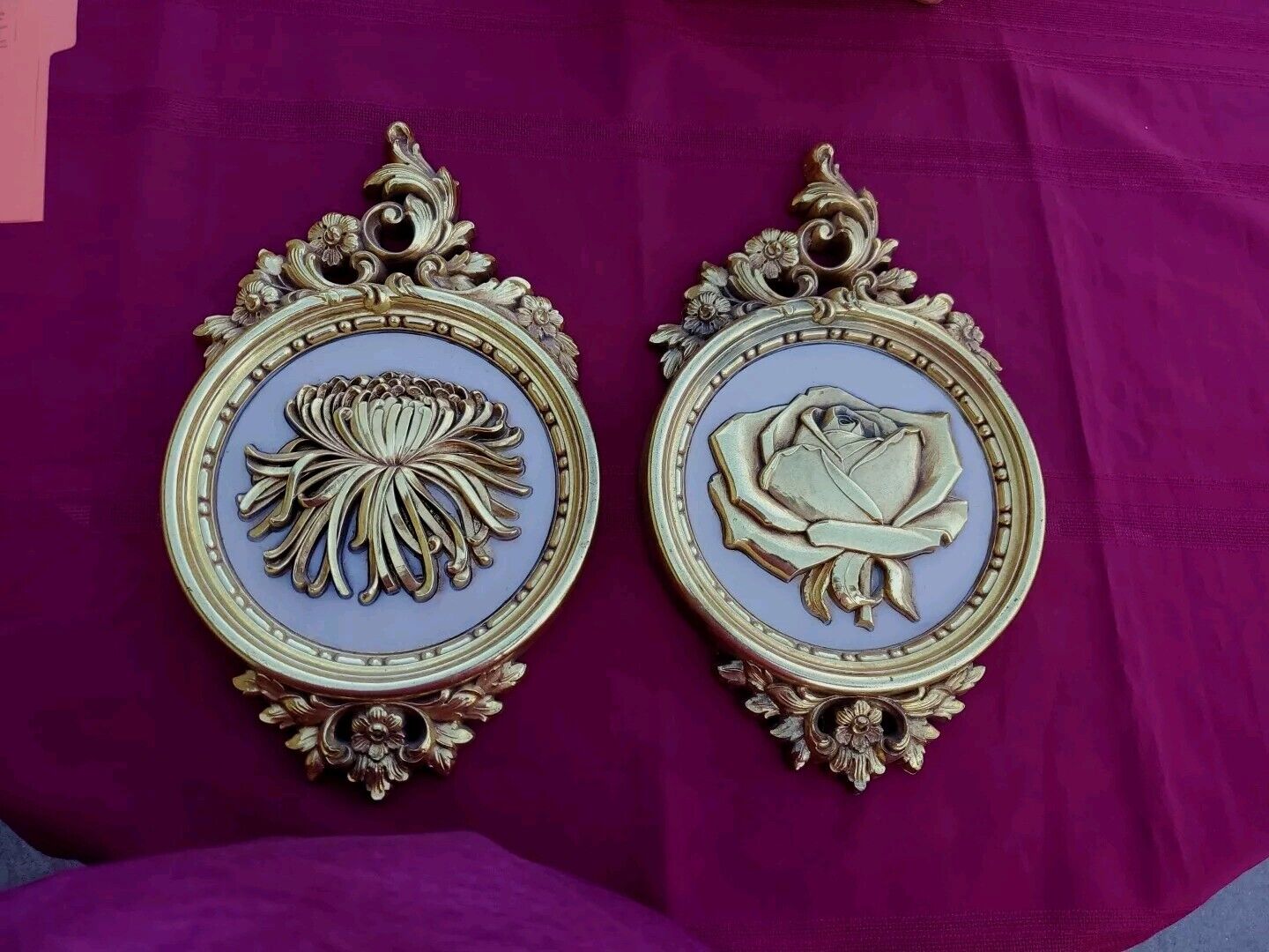 Vintage 2 Syroco Floral Wall Hanging Plaques 1972 Gold Syroco 3D 7490