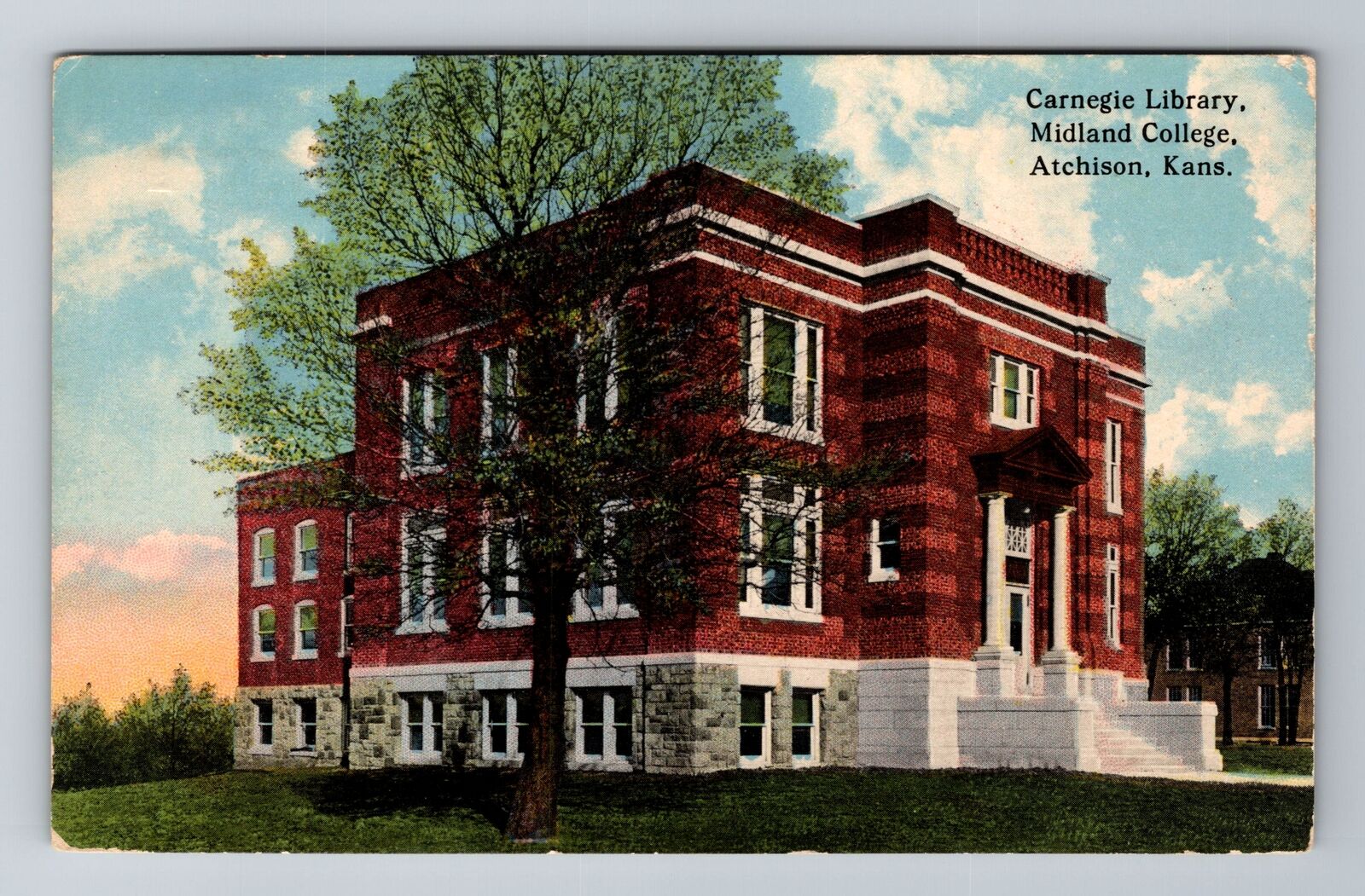 Atchison KS-Kansas, Carnegie Library, Midland College, Antique Vintage Postcard