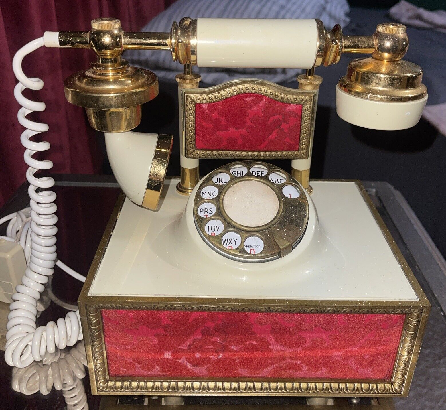 Vintage DECO-TEL French Victorian Style Rotary Dial Phone Ivory Gold Red Velvet