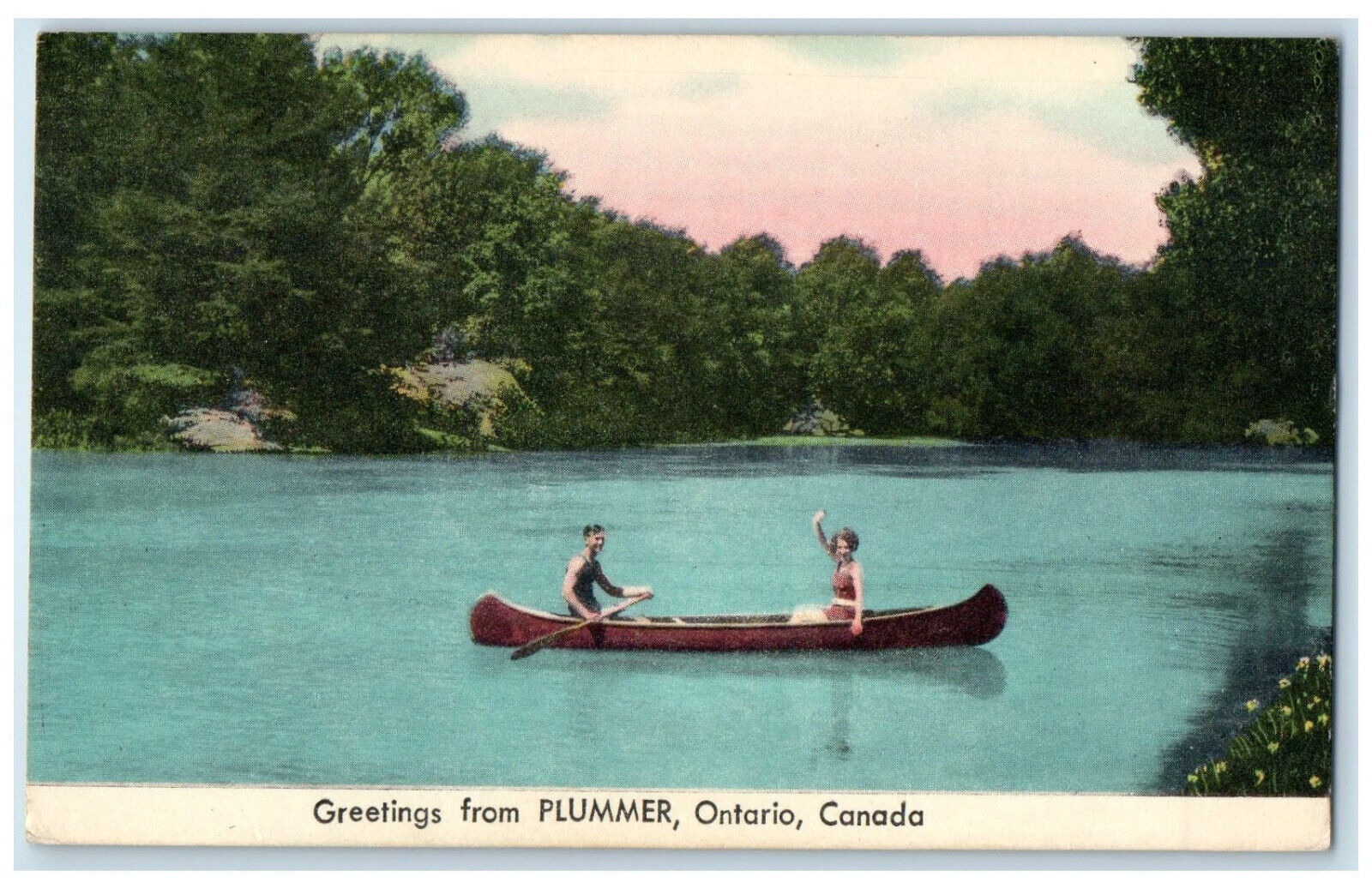 c1950\'s Boat Canoeing Scene Greetings from Plummer Ontario Canada Postcard