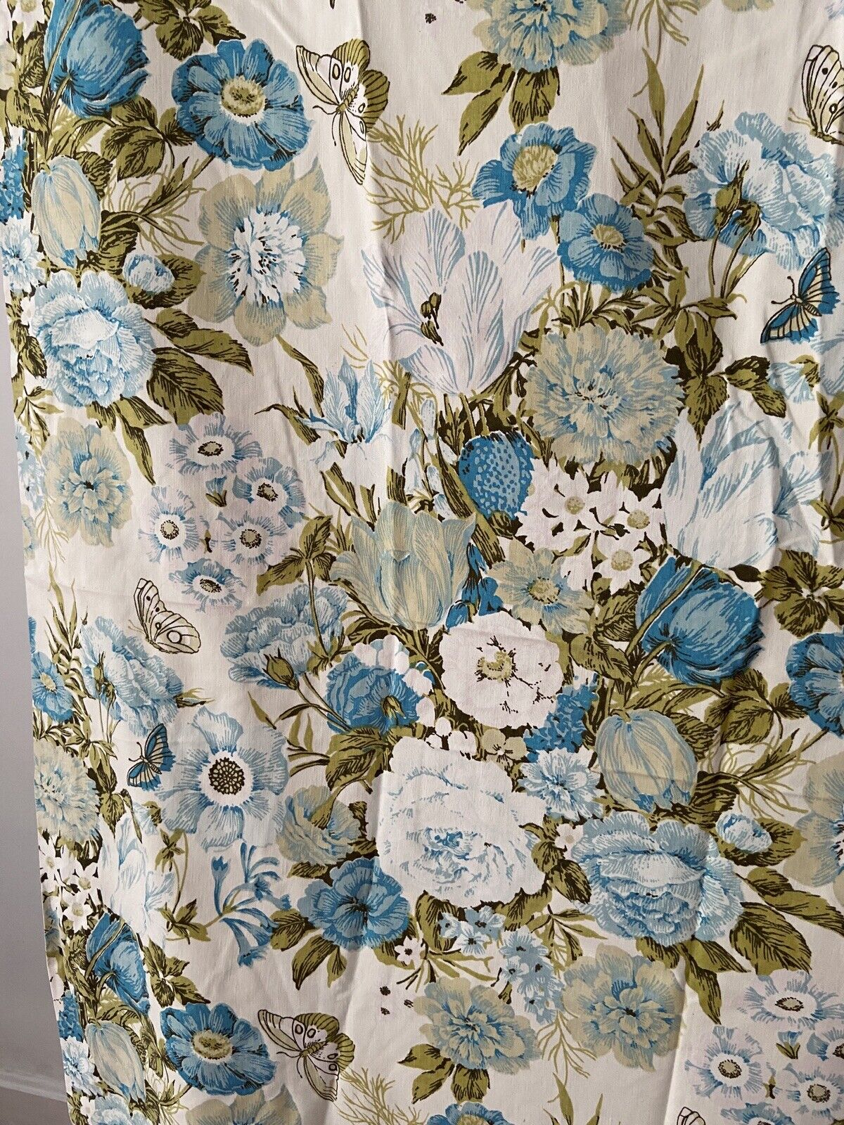 Vintage 1960s Green Blue Floral Butterfly Curtain 2 Panels Cotton 82 in x 38 in