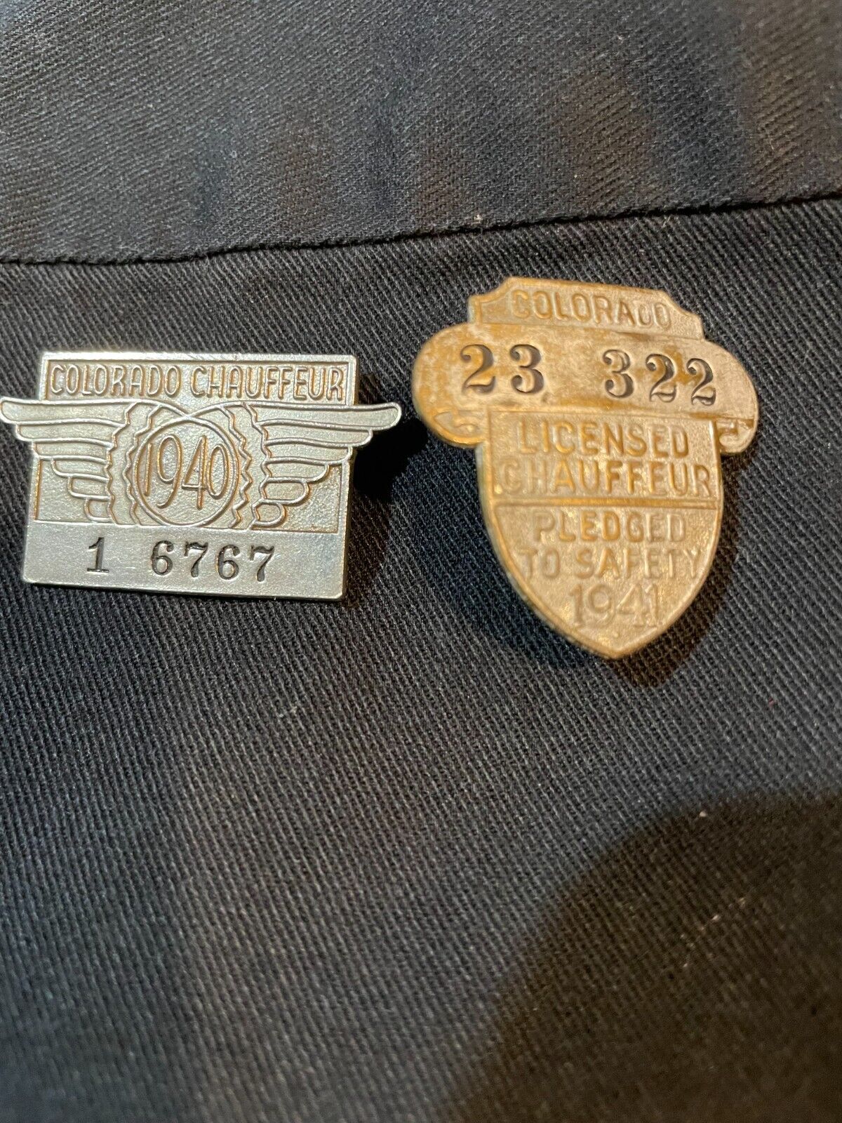 2 VINTAGE COLORADO CHAUFFEUR BADGE PINS 1940-41 NICE