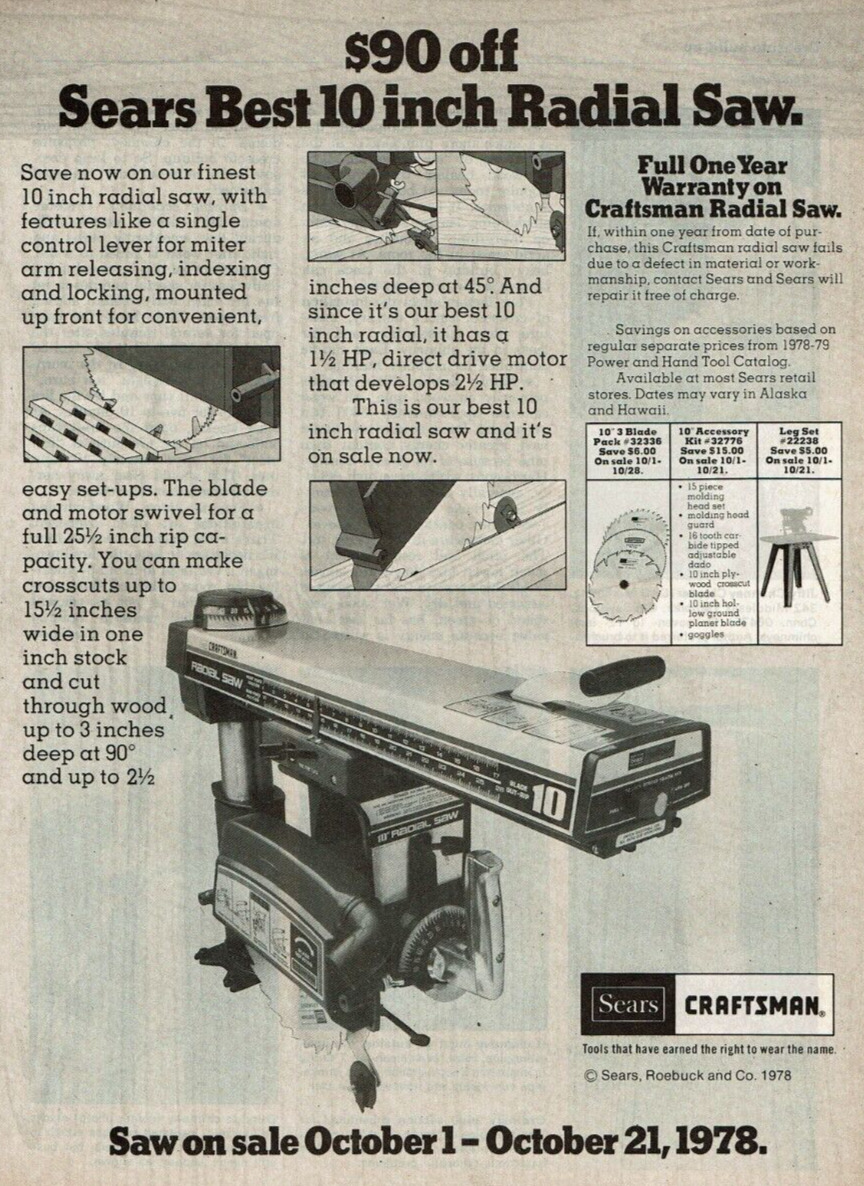 1978 Vintage Print Ad Sears Craftsman Best 10 inch Radial Saw Sale October 1978