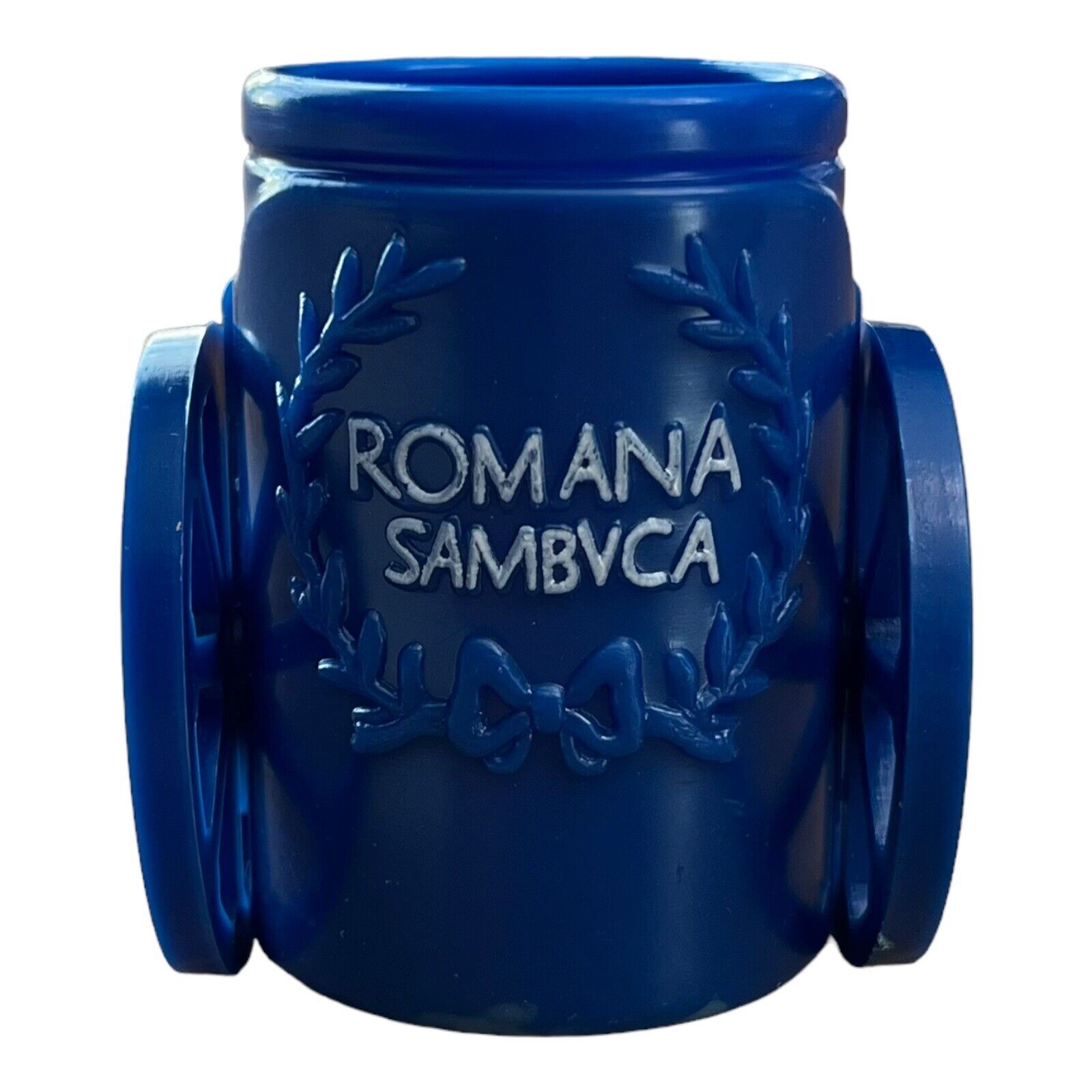 NEW Romana Sambuca Plastic BLUE Shot Glass ROMAN CHARIOT Pull Back Sambvca RARE