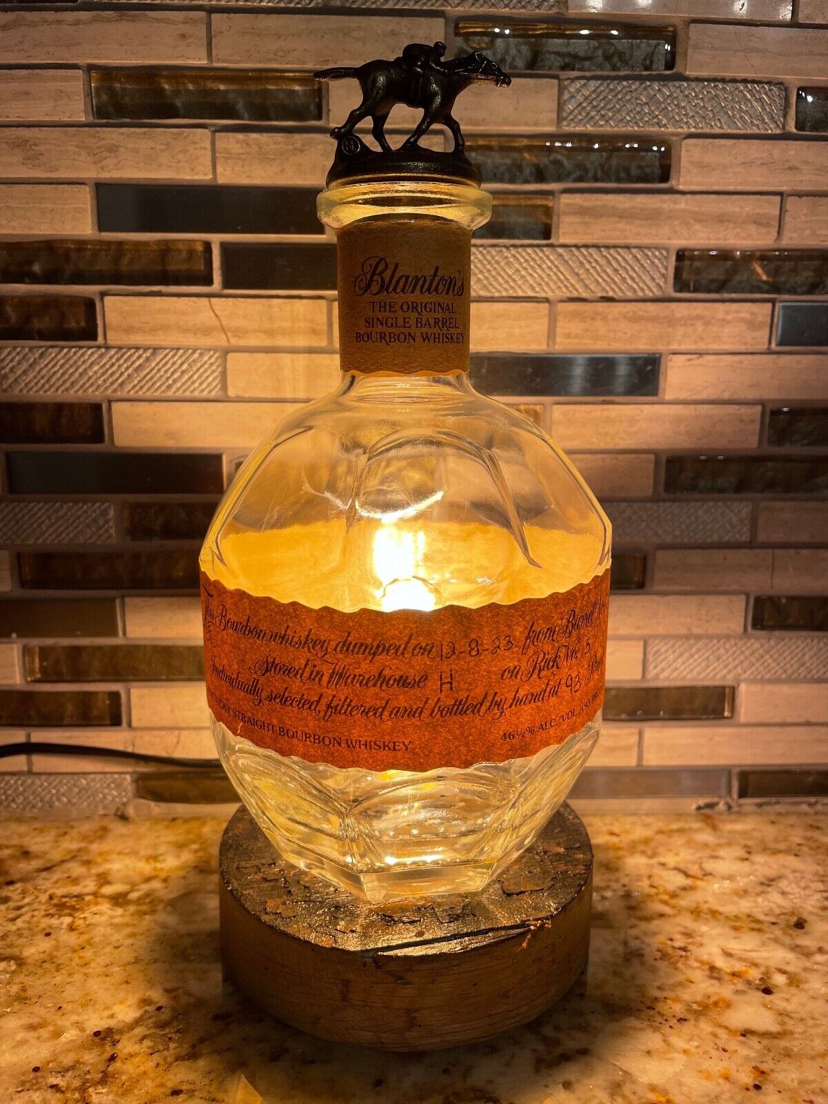 Empty Blanton\'s Bourbon Barrel Lamp on Reclaimed Bourbon Barrel Base - Topper N
