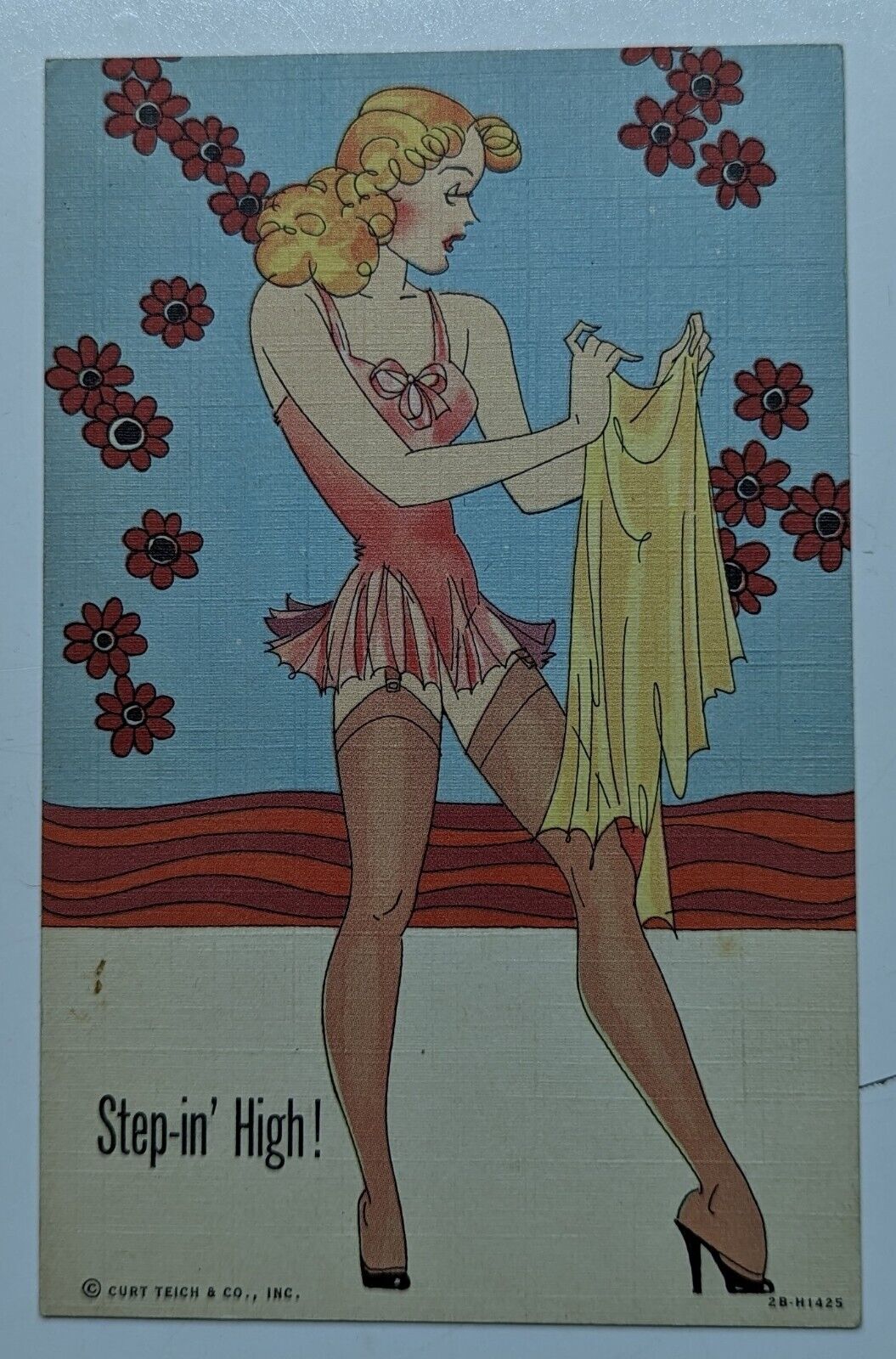 Risque Postcard Pretty Woman Pin Up Step In High Flowers c1930's Vintage