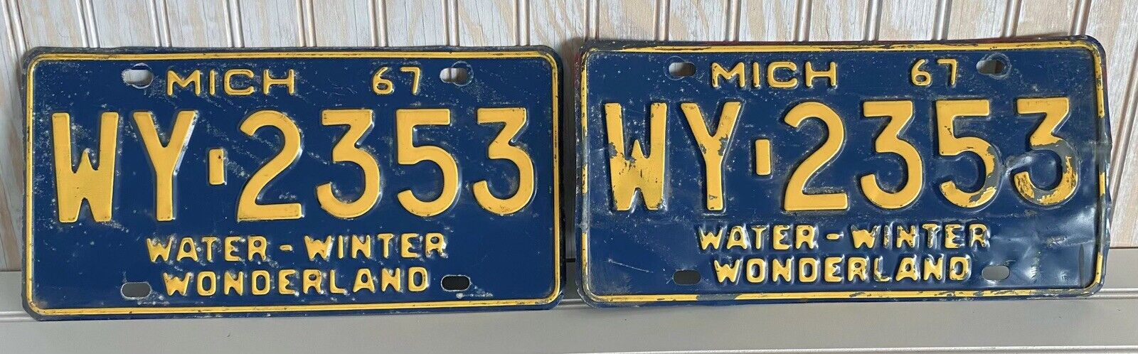 Vintage Pair of 1967 Michigan License Plates  Water-Winter Wonderland  WY-2353