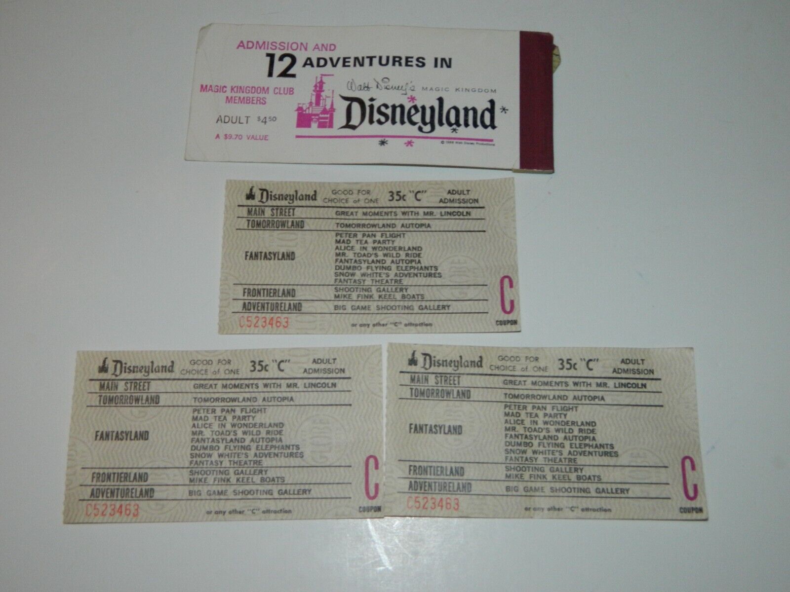 Lot Of 3 Vintage Disneyland Ticket Stubs, 35C,