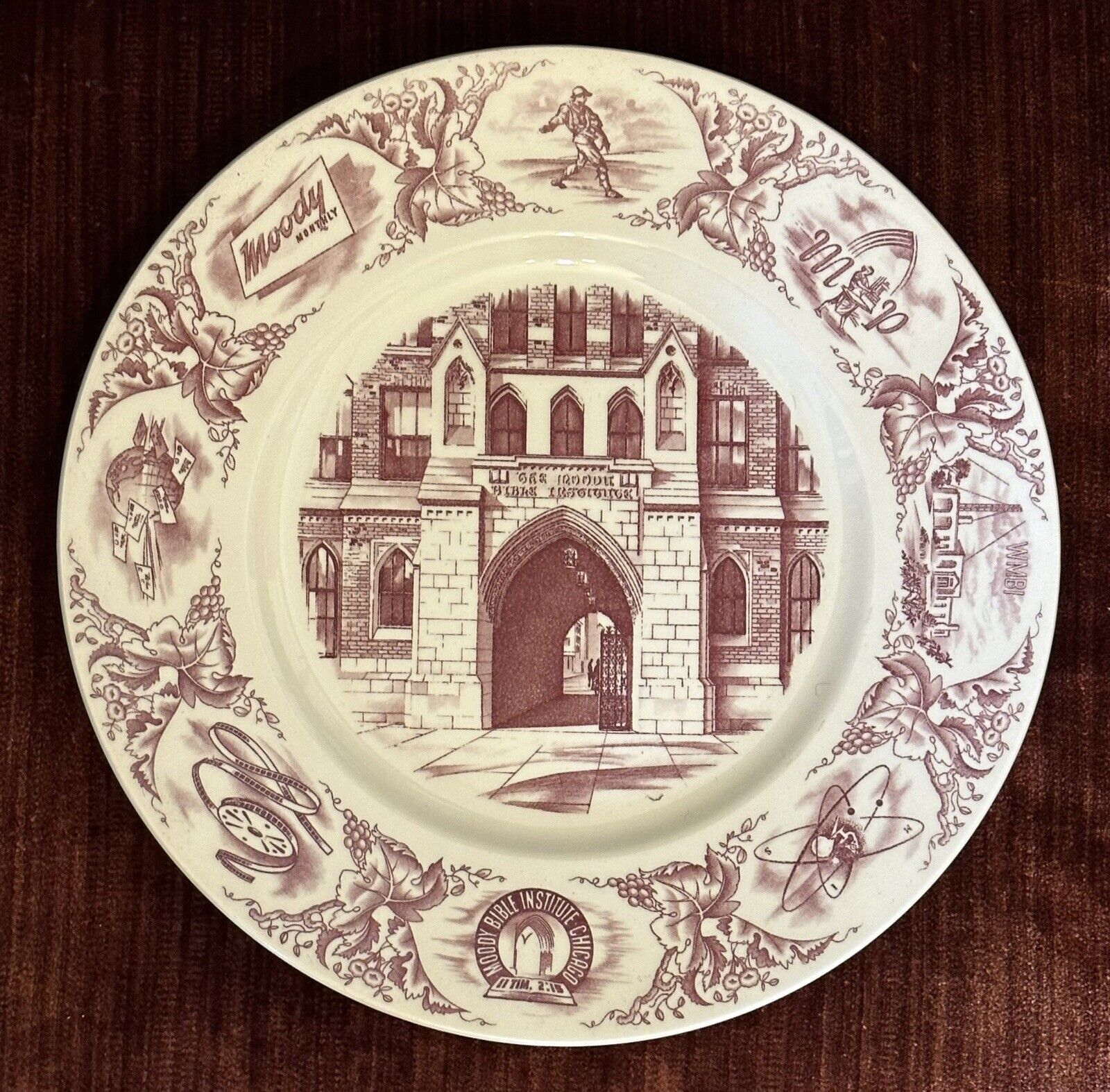 Wedgwood Red Transferware Plate Moody Bible Institute Chicago 10 3/4\