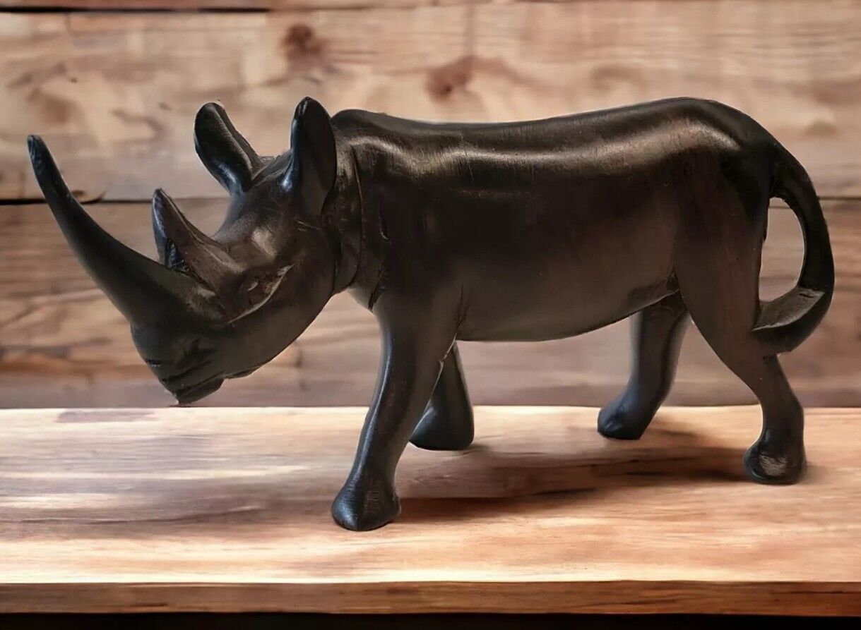 Ironwood Hand carved Rhinoceros Figurine Statue Wild Animal Dark Wood Figure 7x5