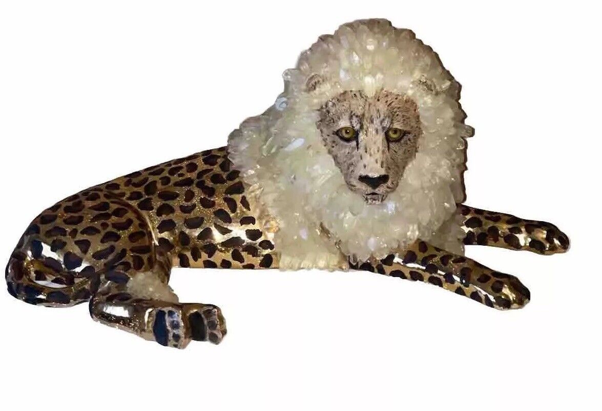 RARE MCM Gold Ceramic Leapord Lion CAT Figurine Adorned Geode Crystals 17” Nice