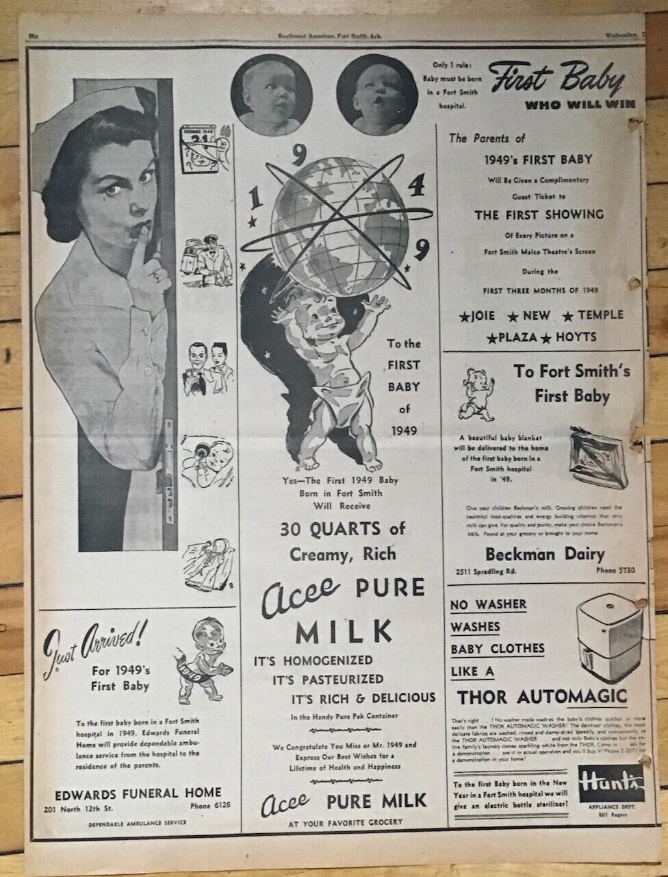 1948 newspaper ad for First 1949 Baby Ft. Smith AR -  Acee Milk, Beckman, & more