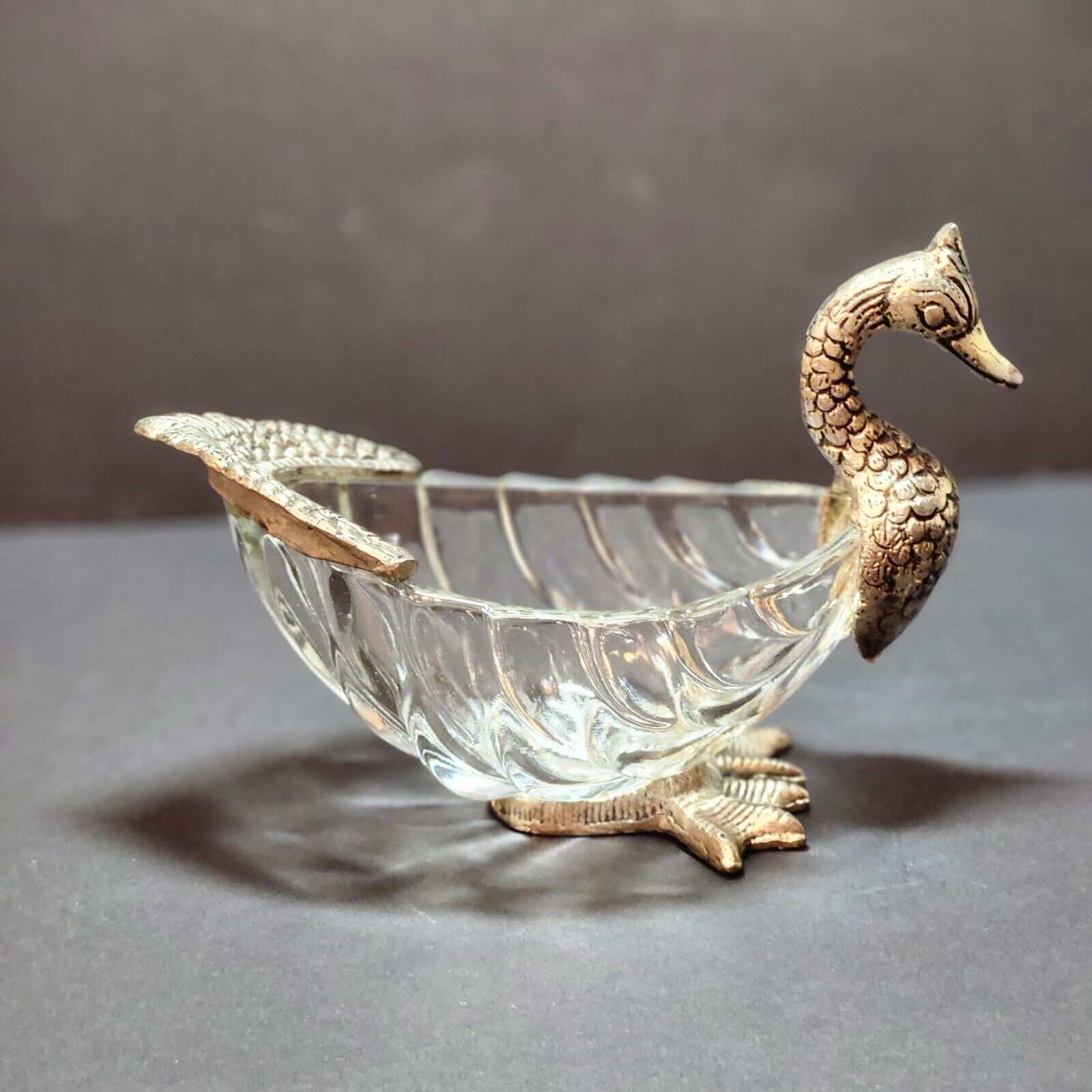 Vintage Metal And Glass Ornate Duck Candy/ Trinket Dish Figurine