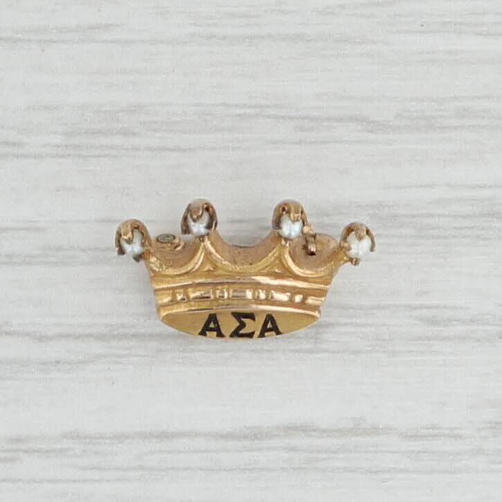 Vintage Alpha Sigma Alpha Crown Pin 10k Gold Pearls Sorority Badge