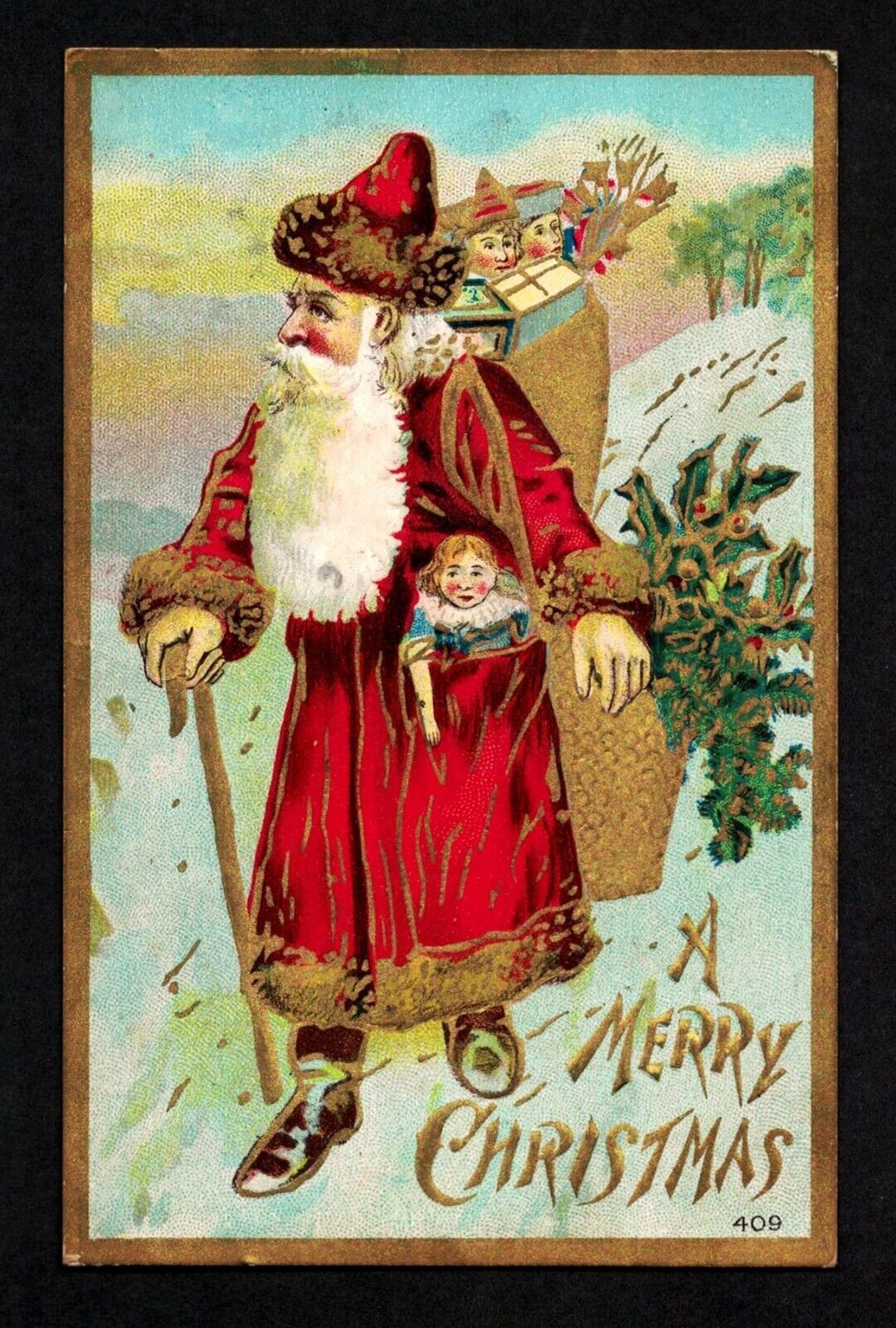 5003 Antique Vintage Christmas Postcard Santa Gold Trim Cane Basket Toy Bag Doll