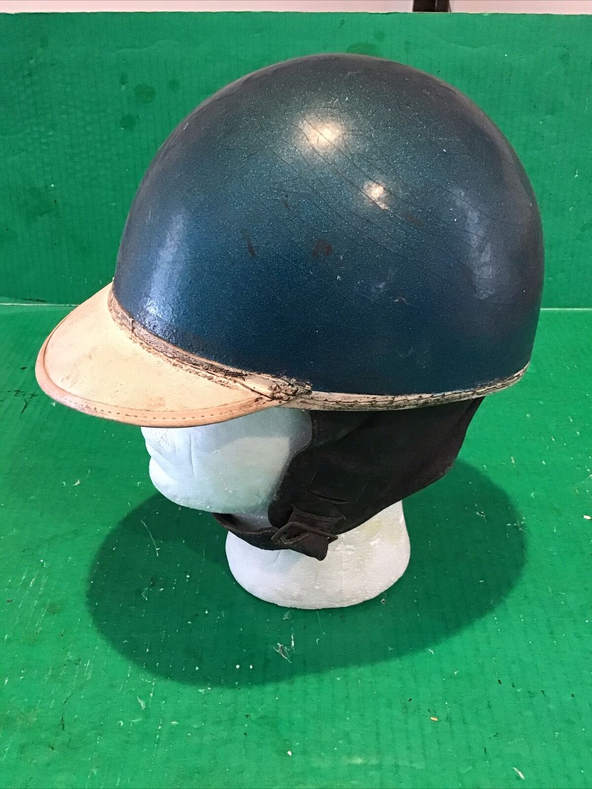 Vintage Romer-Helm Antique Motorcycle Blue Metalfake Racing Half Helmet Rat Rod