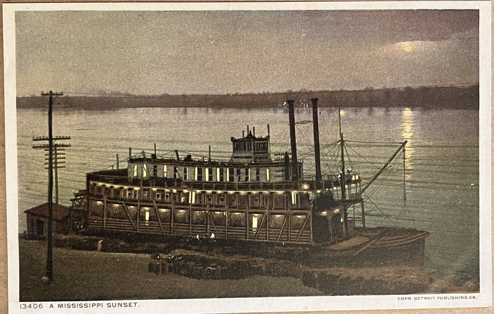Mississippi River Boat Sunset Night View Vintage Postcard c1920