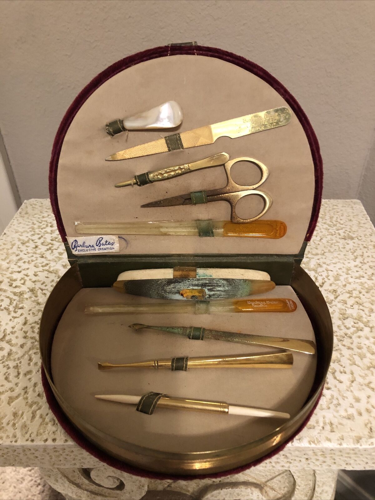 Barbara Rates Exclusive Creation Vintage Manicure Set in Velvet Container Brass
