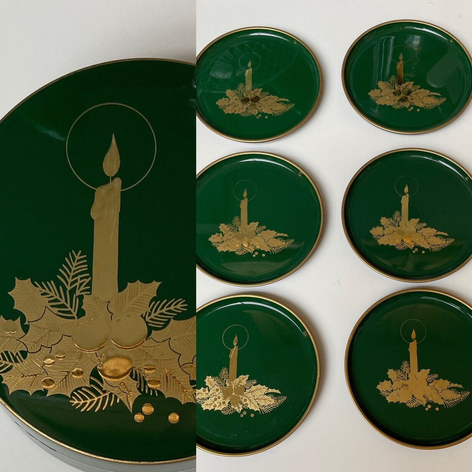 Vintage Otagiri Christmas Candle Coasters Green Gold Round Box Set of 6