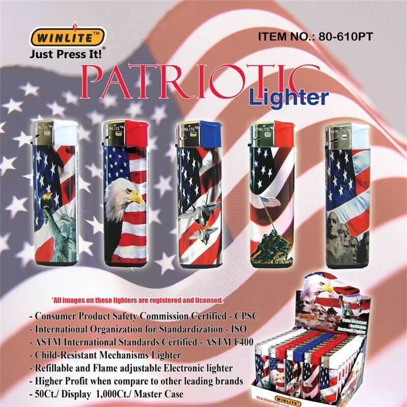 WINLITE Patriotic American flag Refillable Adjustable lighters 50 Pcs Display