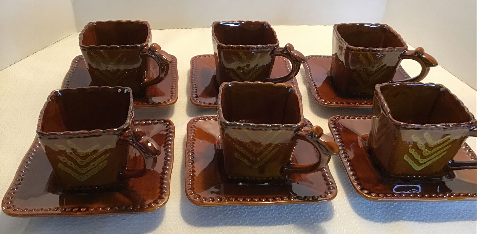Coffee Cup And Saucer Set Pottery, Golden Star Imports, Dark Brown/ Gold 12 Pc.
