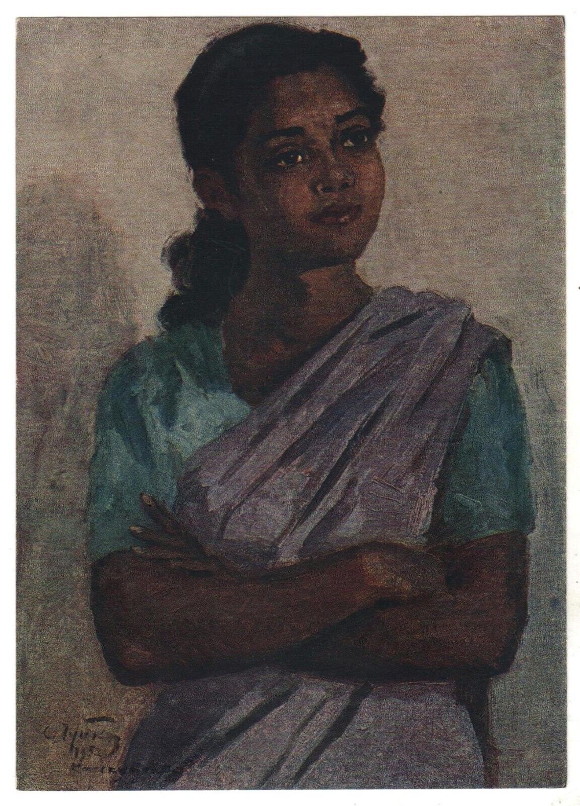 1955 Lovely GIRL Portrait Student from Calcutta ART Soviet Russian postcard Old